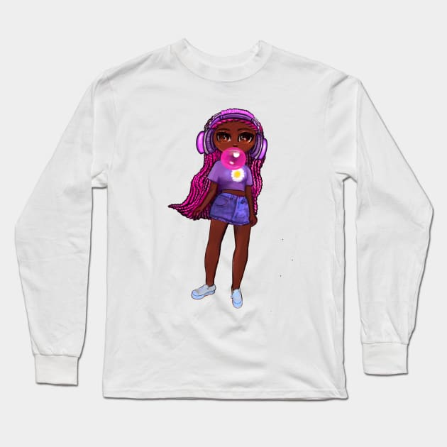 Beautiful Brown skin African American girl with Afro hair in 2 puffs blowing bubble gum. Black girls rock, black girl magic,melanin poppin queen anime girl drawn in manga style. Long Sleeve T-Shirt by Artonmytee